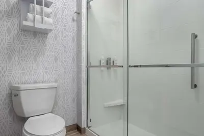 a bathroom with a toilet and a glass shower at Hampton Inn & Suites Muncie in Muncie