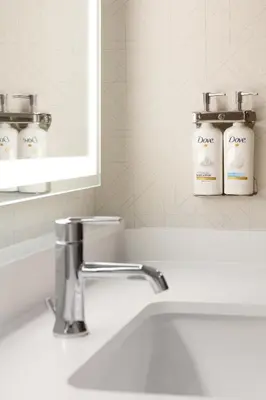 two bottles of soap are sitting on a bathroom sink at Holiday Inn Express Hotel & Suites Cincinnati-Blue Ash by IHG in Blue Ash