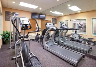 a gym with treadmills and elliptical machines at Holiday Inn Express Hotel & Suites Cincinnati-Blue Ash by IHG in Blue Ash