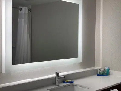 a bathroom sink with a large mirror above it at Holiday Inn Express Hotel & Suites Fort Wayne by IHG in Fort Wayne