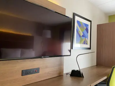 a large flat screen tv on a wooden wall at Holiday Inn Express Hotel & Suites Fort Wayne by IHG in Fort Wayne