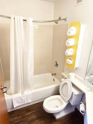 a bathroom with a white toilet and a shower at Willow Lodge Willoughby Cleveland in Willoughby