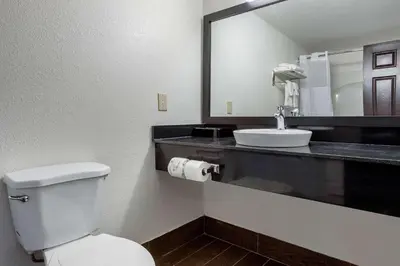 a bathroom with a white toilet and a sink at Quality Inn Coraopolis in Coraopolis