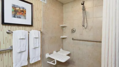 a bathroom with a shower with white towels at Holiday Inn Cincinnati Airport by IHG in Erlanger