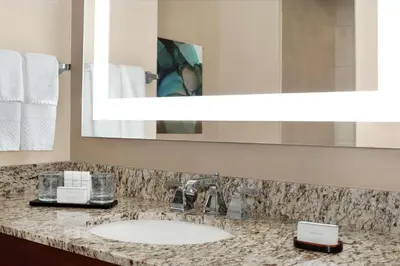 a bathroom with a sink and a mirror at Embassy Suites Cincinnati - RiverCenter in Covington