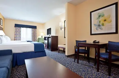 a hotel room with a bed and a desk at Holiday Inn Express Hotel and Suites Akron South-Airport Area by IHG in Akron