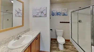 a bathroom with a toilet and a sink and a shower at Put-in-Bay Island Club #77 in Put-in-Bay