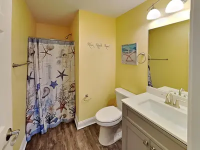 a bathroom with a toilet and a sink and a shower at Put-in-Bay Waterfront Condo #105 in Put-in-Bay