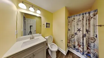 a bathroom with a sink and a toilet and a shower curtain at Put-in-Bay Waterfront Condo #106 in Put-in-Bay