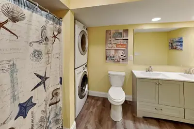 a bathroom with a toilet and a sink and a washing machine at Put-in-Bay Waterfront Condo #111 in Put-in-Bay