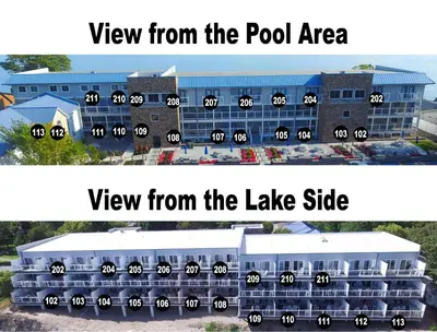 a view from the pool area of a large building at Put-in-Bay Waterfront Condo #109 in Put-in-Bay