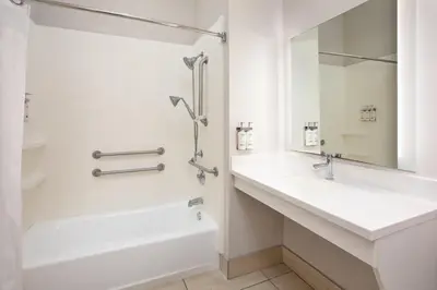 a bathroom with a sink and a tub and a mirror at Holiday Inn Express Hotel & Suites Athens by IHG in Athens