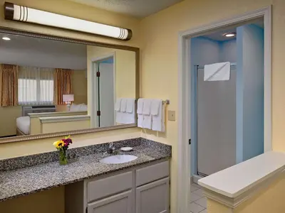 a bathroom with a sink and a mirror at Sonesta Simply Suites Cleveland Airport in Middleburg Heights