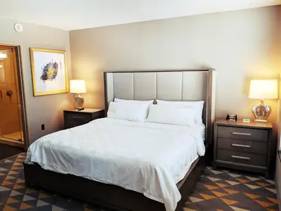 a large bed in a hotel room with two night stands at Holiday Inn Purdue - Fort Wayne by IHG in Fort Wayne
