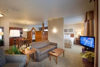 a living room with a couch and a bed and a television at Holiday Inn Purdue - Fort Wayne by IHG in Fort Wayne