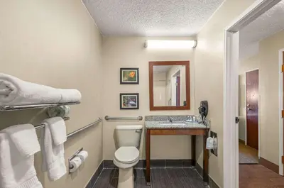 a bathroom with a toilet and a sink at Comfort Inn Near Ouabache State Park in Bluffton