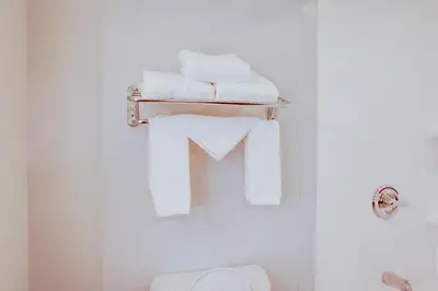 a bathroom with white towels on a shelf above a toilet at Holiday Inn Express Hotel & Suites Ohio State University- OSU Medical Center by IHG in Columbus