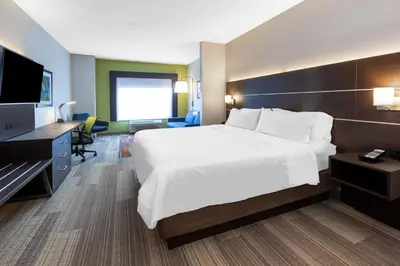 a hotel room with a large bed and a television at Holiday Inn Express Hotel & Suites Woodhaven by IHG in Woodhaven