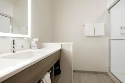 a white bathroom with a sink and a shower at Holiday Inn Express Hotel & Suites Cincinnati Southeast Newport by IHG in Bellevue