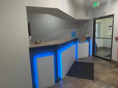 a room with a blue counter in a room at Motel 6-Anderson, IN in Anderson