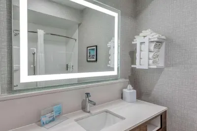 a bathroom with a sink and a large mirror at Hampton Inn New Philadelphia in New Philadelphia