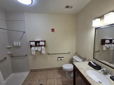 a bathroom with a toilet and a sink and a mirror at Wingate by Wyndham Steubenville in Steubenville