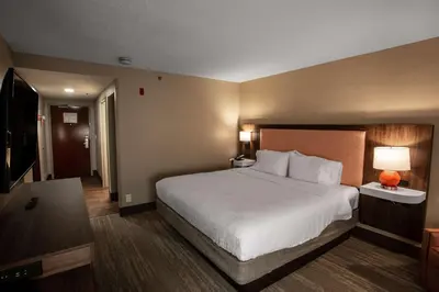 a hotel room with a bed and a television at Hampton Inn Springfield in Springfield