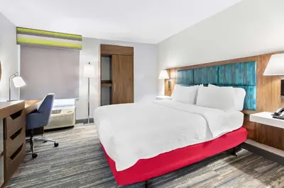 a hotel room with a large bed and a desk at Hampton Inn Washington in Washington