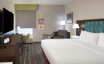 a hotel room with a bed and a desk and a chair at Hampton Inn Youngstown/Boardman in Poland