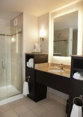 a bathroom with a sink and a shower at Embassy Suites Columbus - Airport in Columbus