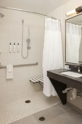 a bathroom with a shower and a sink and a mirror at Fairfield Inn and Suites by Marriott Fort Wayne in Fort Wayne
