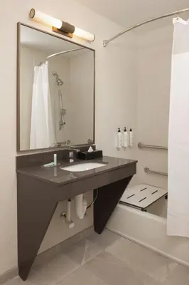 a bathroom with a sink and a mirror at Fairfield Inn and Suites by Marriott Fort Wayne in Fort Wayne