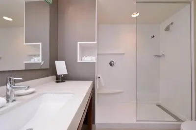 a bathroom with a shower and a sink at Courtyard by Marriott Toledo North in Toledo