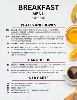 a menu of the breakfast menu with a cup of coffee at Aloft Newport on the Levee in Newport