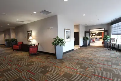 a lobby with potted plants on a carpet at Hilton Garden Inn Findlay in Findlay