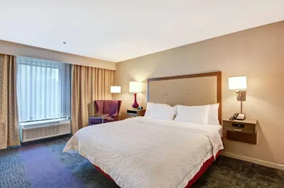 a hotel room with a bed and a large window at Hampton Inn Suites Ashland, Ohio in Ashland