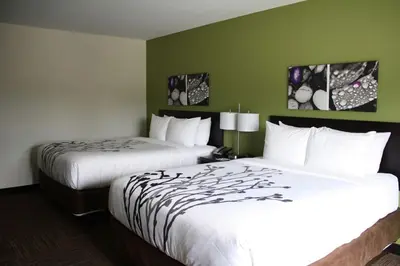 two beds in a hotel room with green walls at Sleep Inn & Suites Galion in Galion