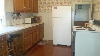 a kitchen with a white refrigerator and wooden cabinets at Aunt Jane's Yellow House in Put-in-Bay