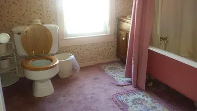 a bathroom with a toilet and a tub and a window at Aunt Jane's Yellow House in Put-in-Bay