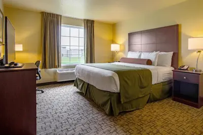 a hotel room with a large bed and a television at Cobblestone Hotel & Suites - Orrville in Orrville