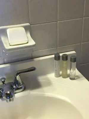 a bathroom sink with two bottles on top of it at The North Star Inn in Corinth