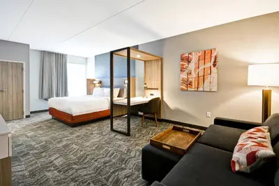 a hotel room with a bed and a couch at SpringHill Suites by Marriott Cincinnati Blue Ash in Blue Ash