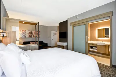 a bedroom with a white bed and a bathroom at SpringHill Suites by Marriott Cincinnati Blue Ash in Blue Ash