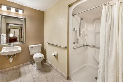 a bathroom with a toilet and a shower and a sink at Rodeway Inn Columbus West in Columbus
