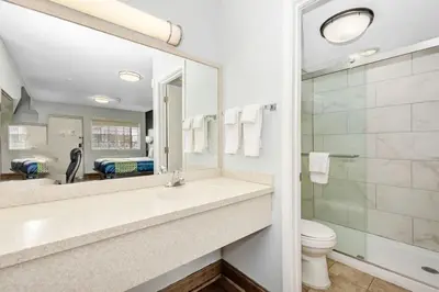 a bathroom with a sink and a toilet and a mirror at Grove City Travel Inn South Columbus in Grove City