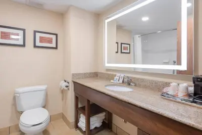 a bathroom with a toilet and a sink and a mirror at Comfort Inn Grove City - Columbus South in Grove City