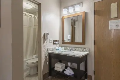 a bathroom with a sink and a toilet and a mirror at GreenRidge Hotel in Wickliffe