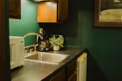 a kitchen with a sink and a microwave at Landoll's Mohican Castle in Loudonville