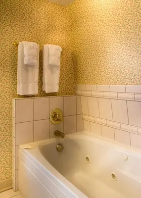 a bathroom with a tub and towels on the wall at Landoll's Mohican Castle in Loudonville