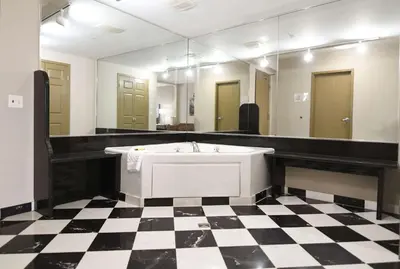 a bathroom with a sink and a large mirror at Best Western Plus Sandusky Hotel & Suites in Sandusky